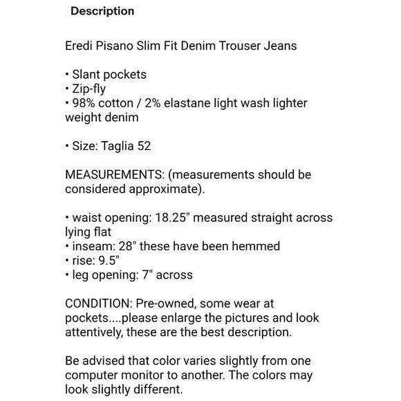 Eredi Pisano Jeans  Men's Italy 52 (36 x 28)  Slim Fit Denim Trouser  Light Wash - Picture 13 of 13